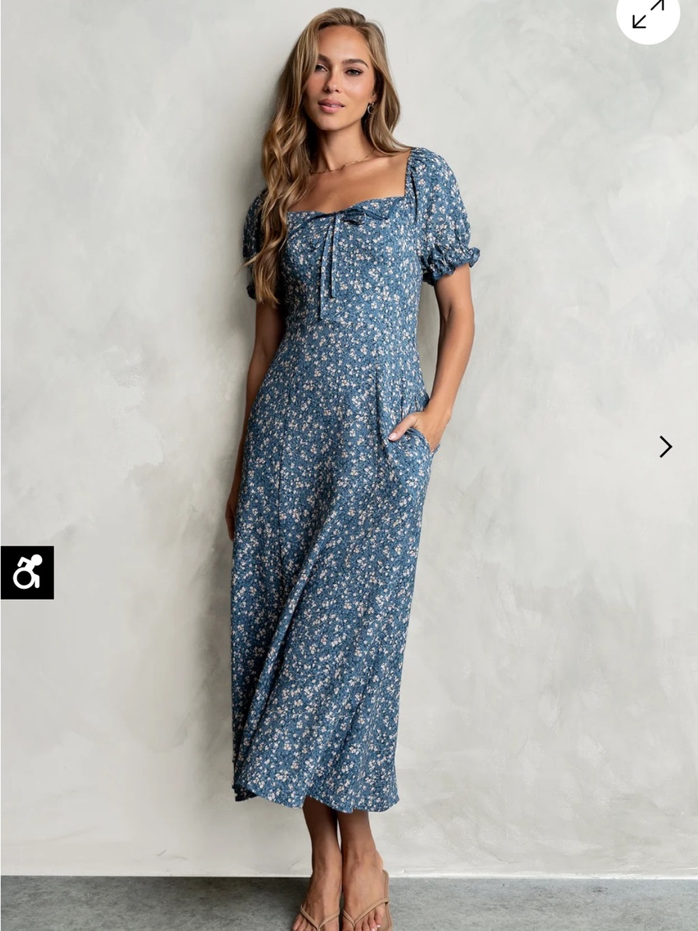 bohme Blue Floral Midi Dress with Puff Sleeves